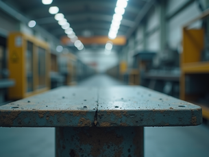 Eye-level view of a heavy-duty industrial platform scale in a factory setting