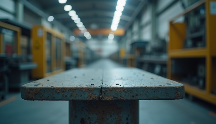 Eye-level view of a heavy-duty industrial platform scale in a factory setting