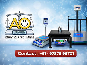 Weighing scales displayed on a blue background with a smiling scale logo. Text: Accurate Optimism and contact: +91 - 97875 95701.