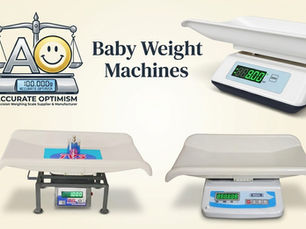Three digital baby weighing scales with displays. Logo reads Accurate Optimism, Baby Weight Machines. Beige background, precise, modern design.