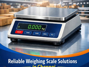 Weighing scale on a reflective surface with boxes in the background. Text: "Accurate Optimism, Weighing Scale Solutions in Chennai." Contact info displayed.