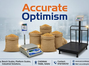 Accurate Optimism ad with sacks of grain on bench and platform scales, plus product text and Chennai contact info.