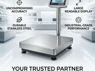Digital scale ad featuring a stainless steel scale with a display reading 156.800. Text highlights accuracy, durability, and contact info.