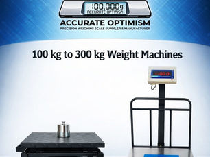 Two weight machines on a tiled floor, with digital displays. Logo and text "Accurate Optimism" and "100 kg to 300 kg Weight Machines."