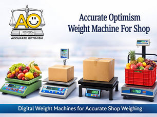 Digital weighing machines display fruits and boxes. Text: Accurate Optimism Weight Machine for Shop. Bright, organized setting.
