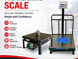 TVS Weighing Scale ad; highlights digital scale features—accuracy, durability, display. Trusted accuracy badge, authorized dealer info included.
