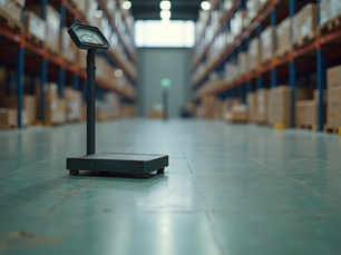 Eye-level view of industrial floor scale in a warehouse setting