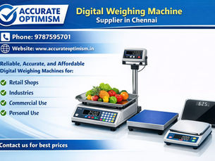 Digital weighing machines display fruits and metrics, surrounded by text promoting accuracy for various uses. Branding logo visible.