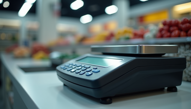 Close-up view of a digital weighing machine displaying weight on screen