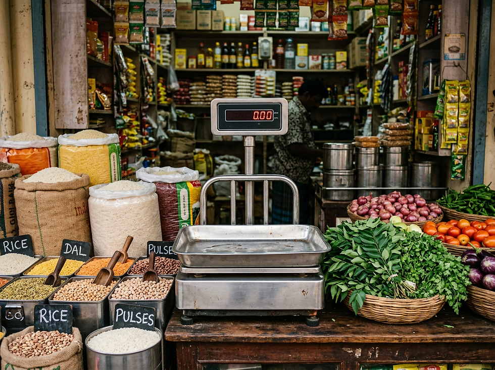 Eye-level view of a digital tabletop scale in a grocery shop.