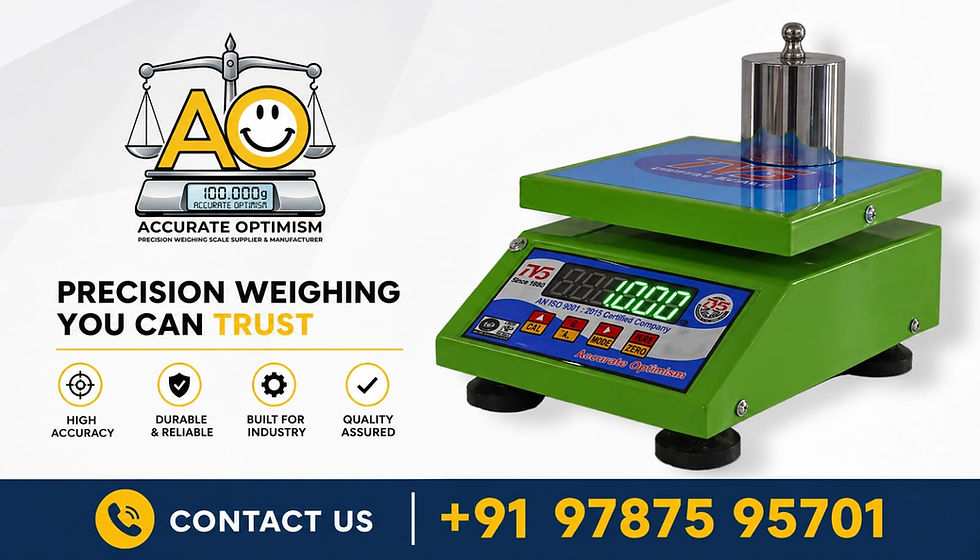 Green digital weighing scale with weights, logo, and text promoting precision and reliability. Contact number displayed at the bottom.