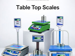 Tabletop scales in various colors displayed under "Table Top Scales." Logo and "Accurate Optimism, Weighing Supplier in Chennai" text shown.