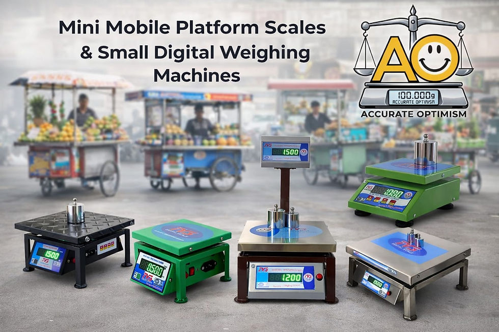 Digital weighing machines displayed with fruit carts in the background. Text reads Mini Mobile Platform Scales. Logo of Accurate Optimism.