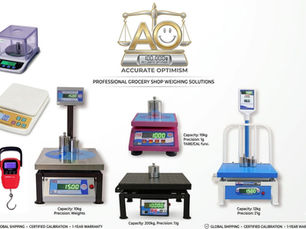Various digital scales for grocery shops displayed. Includes red, purple, and blue scales. Text: Accurate Optimism, global shipping.