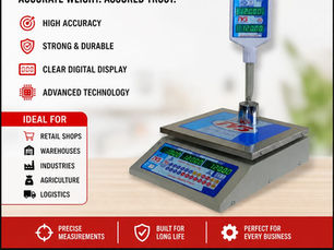 Ad for TVS Weighing Scale showcasing high accuracy, durability, and clear digital display. Features ideal for shops and industries. Red and blue theme.