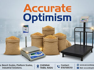 Accurate Optimism ad with burlap grain sacks on bench and platform scales, on pale blue background with product and contact details.