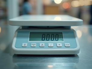Eye-level view of a digital industrial weighing scale in a warehouse