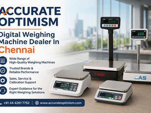 Digital weighing machines on a table, surrounded by text promoting a dealer in Chennai. Includes contact info and benefits of service.