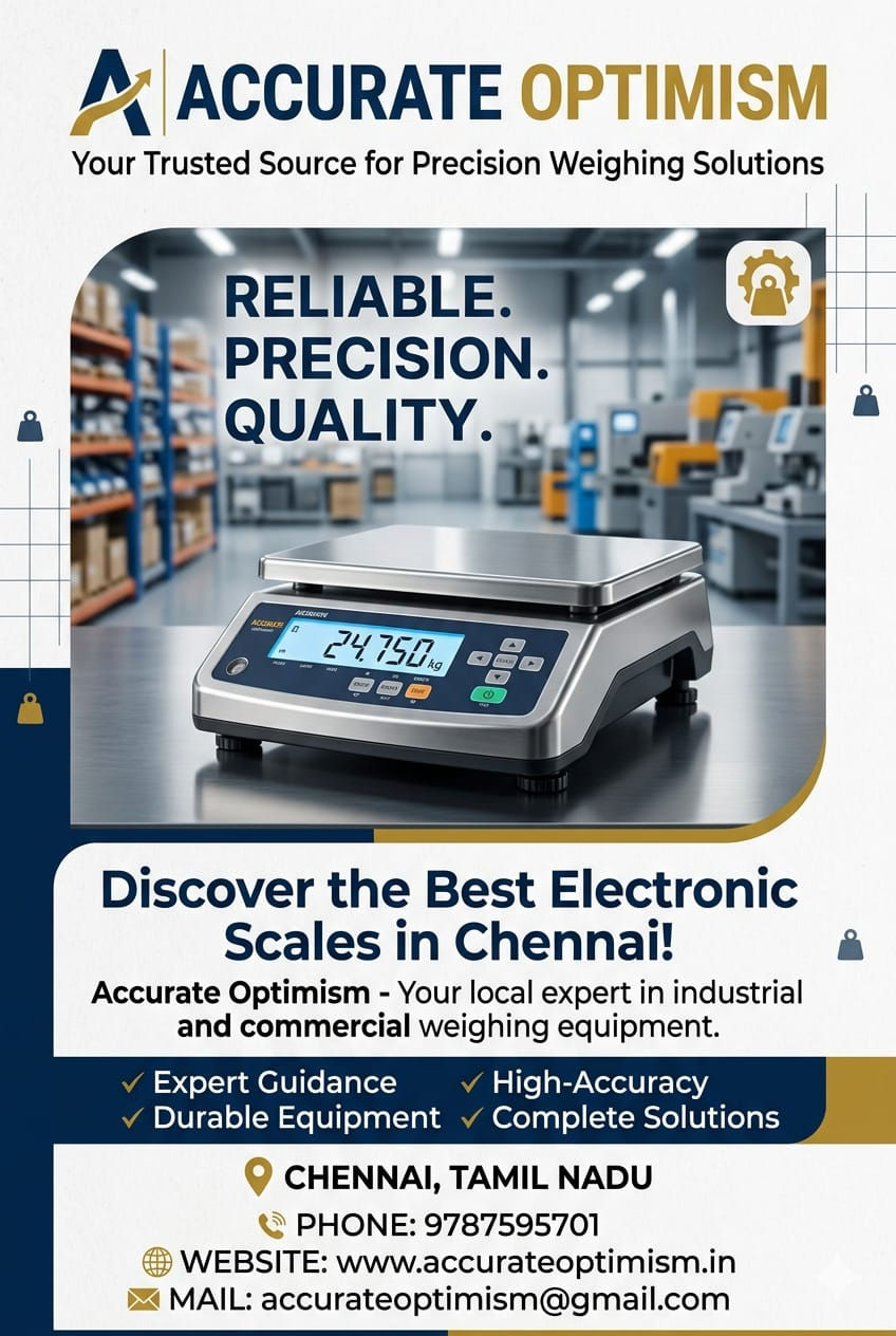 Advertisement for Accurate Optimism showing an electronic weighing scale in a workshop, with text about precision and Chennai.