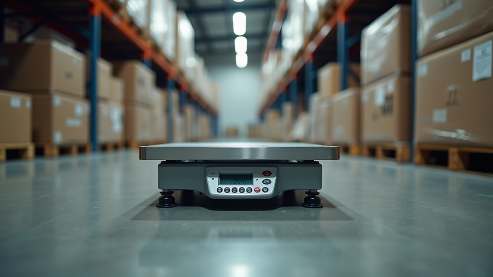 Digital platform scale centered in a warehouse aisle, with stacked cardboard boxes on tall shelves in a blurred background.