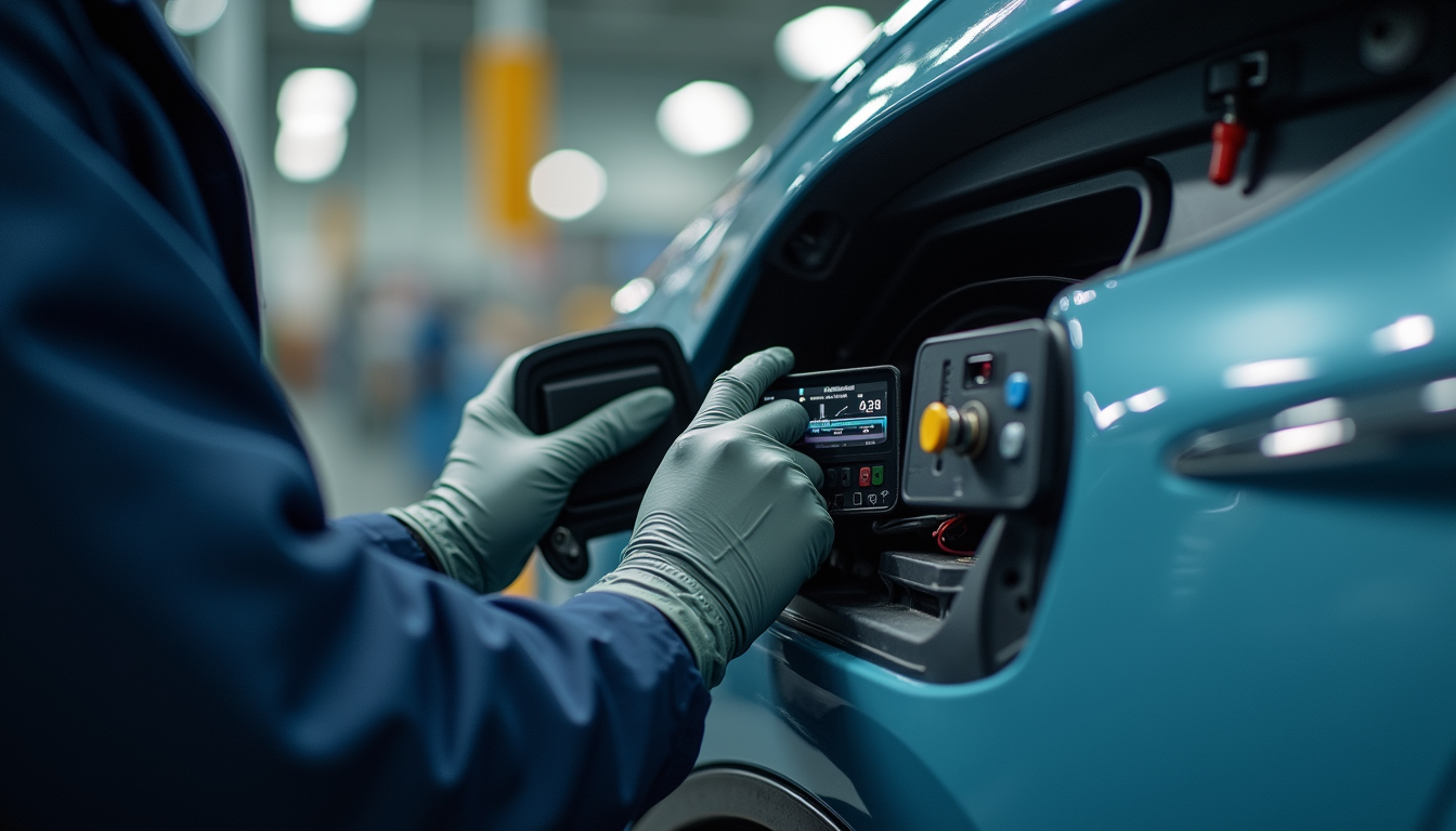 Eye-level view of a technician performing diagnostic tests on an EV battery