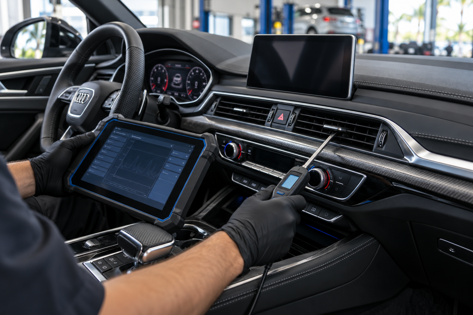Technician measuring Audi cabin vent temperature during professional air-conditioning diagnosis