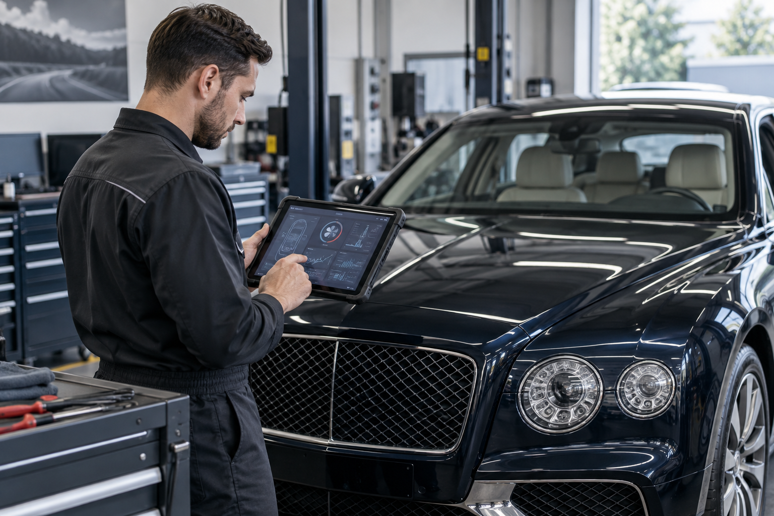 Illustrative image of a technician reviewing Bentley-style climate-control diagnostic information on a tablet