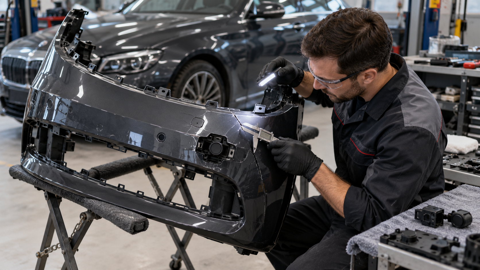 Technician measuring a damaged luxury-car bumper cover, mounting tabs, and parking-sensor openings