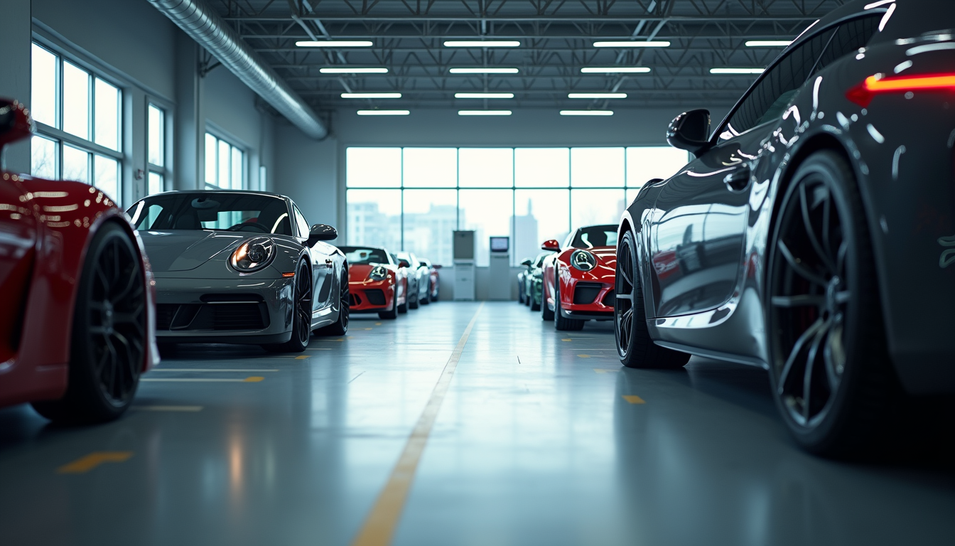 Eye-level view of a modern auto body shop with luxury cars inside