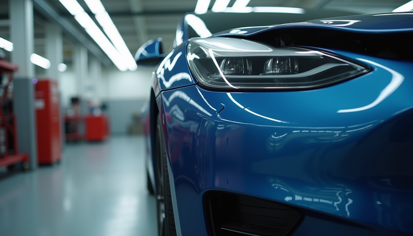 Close-up view of a Tesla EV undergoing body repair in a specialized shop