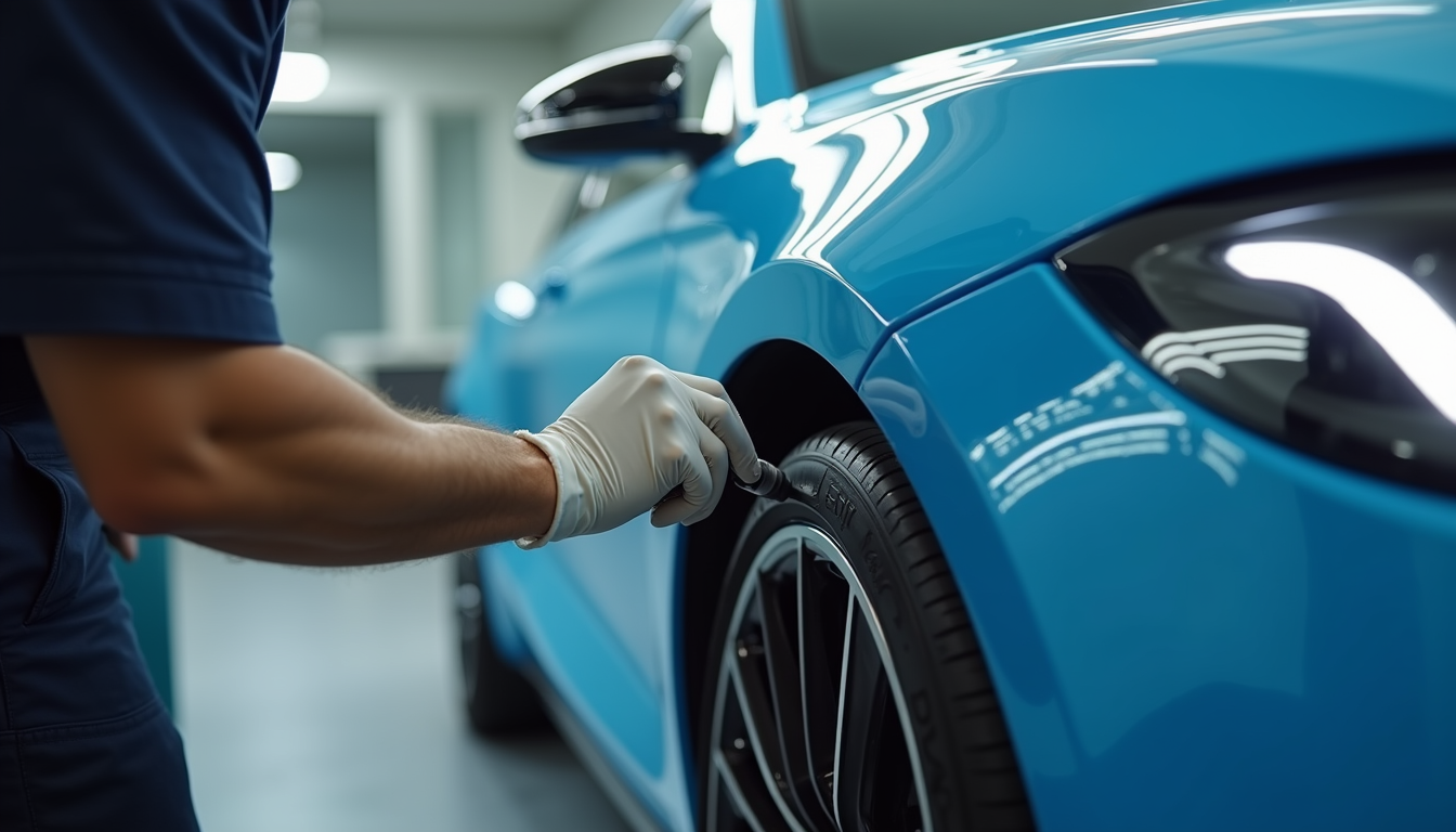 Close-up view of a technician applying paint to a luxury car’s fender