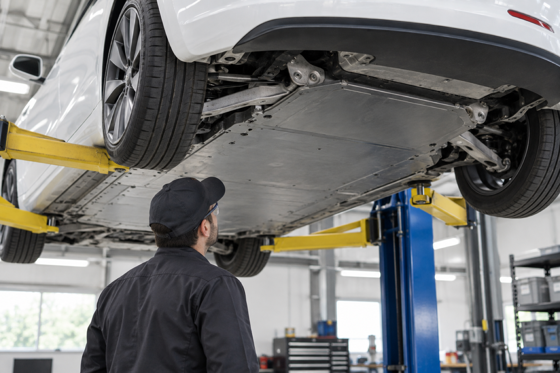 Technician visually inspecting the exterior of a Tesla battery enclosure