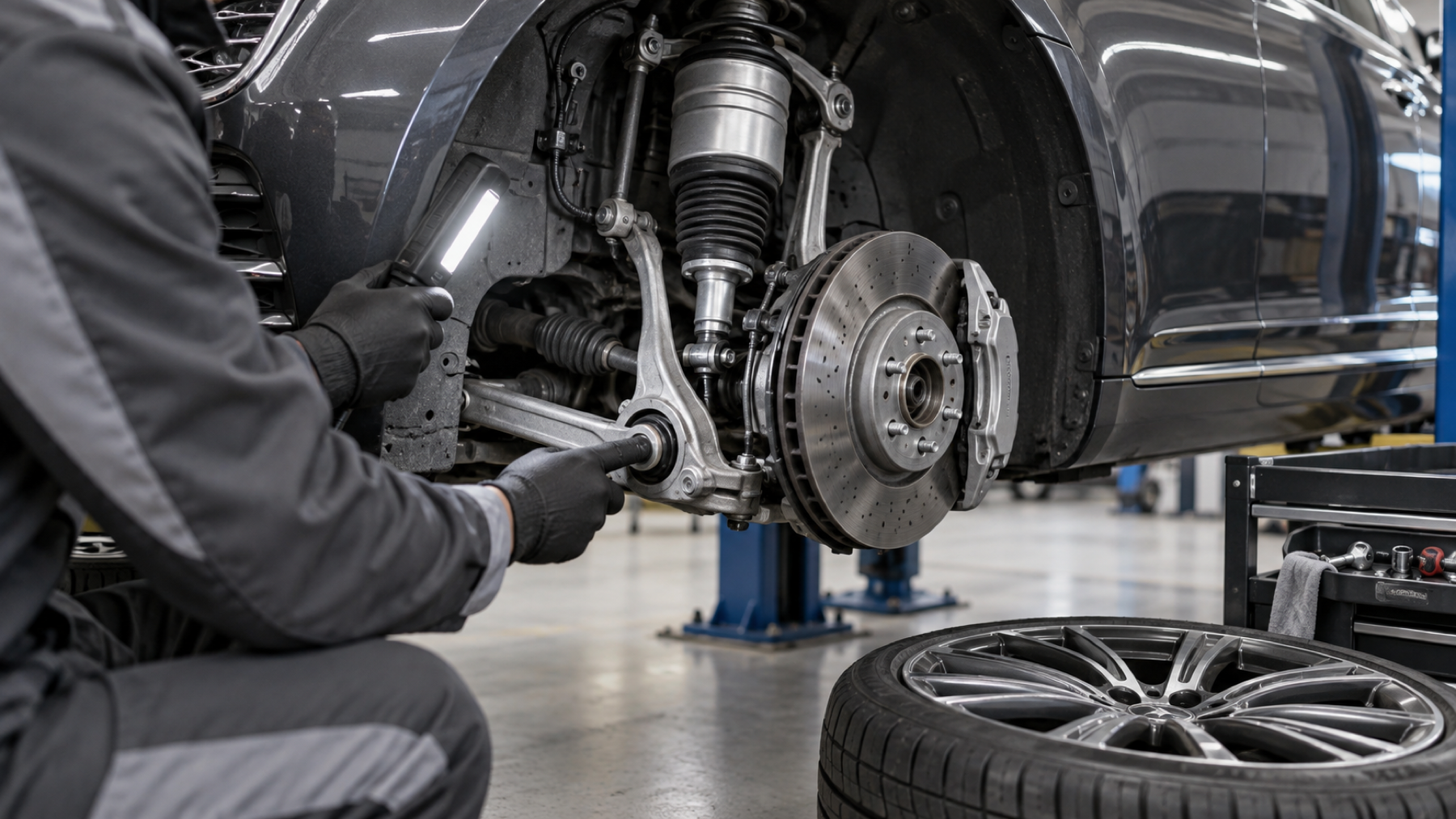 Illustration of suspension and wheel inspection after a curb or pothole impact
