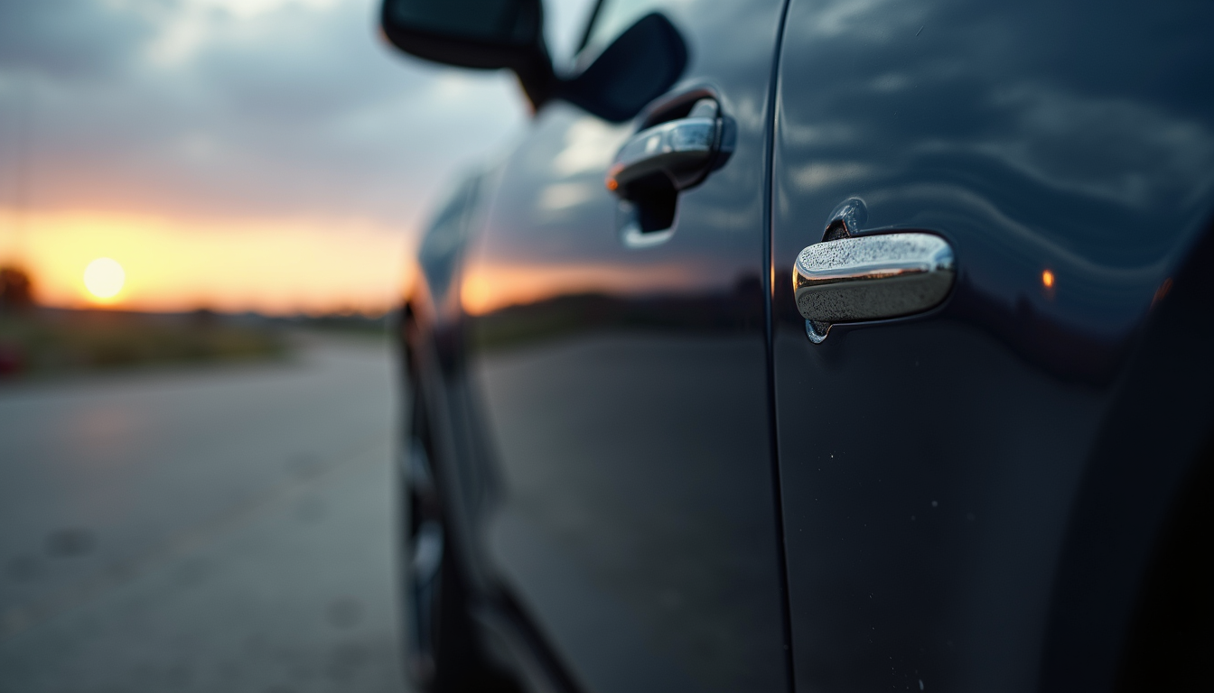 Close-up view of a luxury car door with a small dent