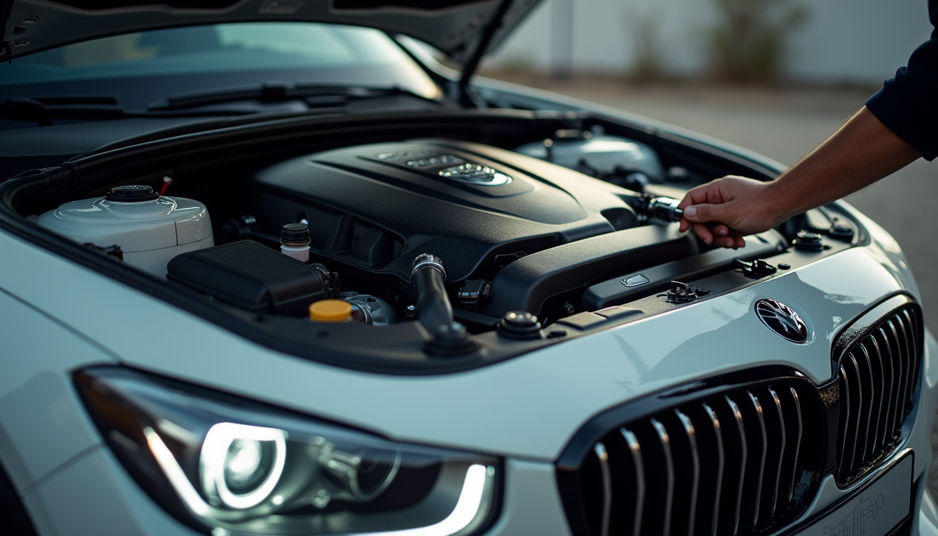 Close-up view of a luxury car engine being inspected for water damage