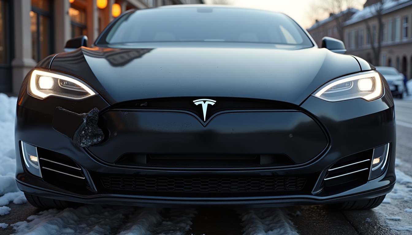 Close-up view of Tesla Model S front bumper with minor damage