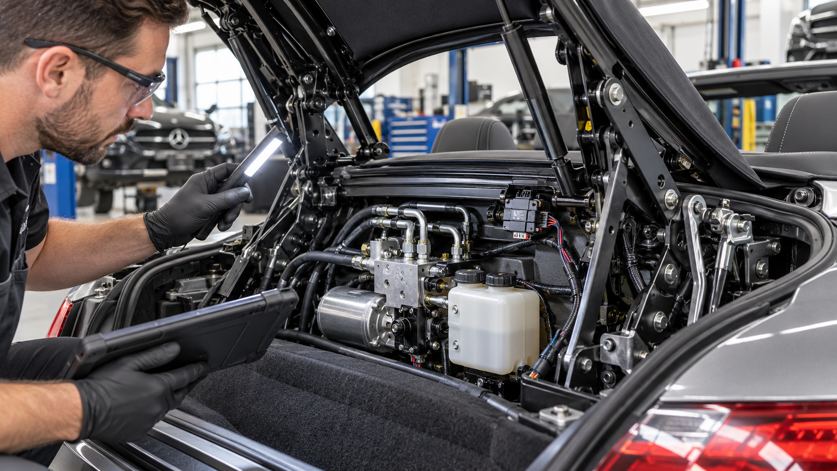 Technician inspecting Mercedes-Benz convertible roof hydraulic pump, lines, sensors, and hinge mechanism