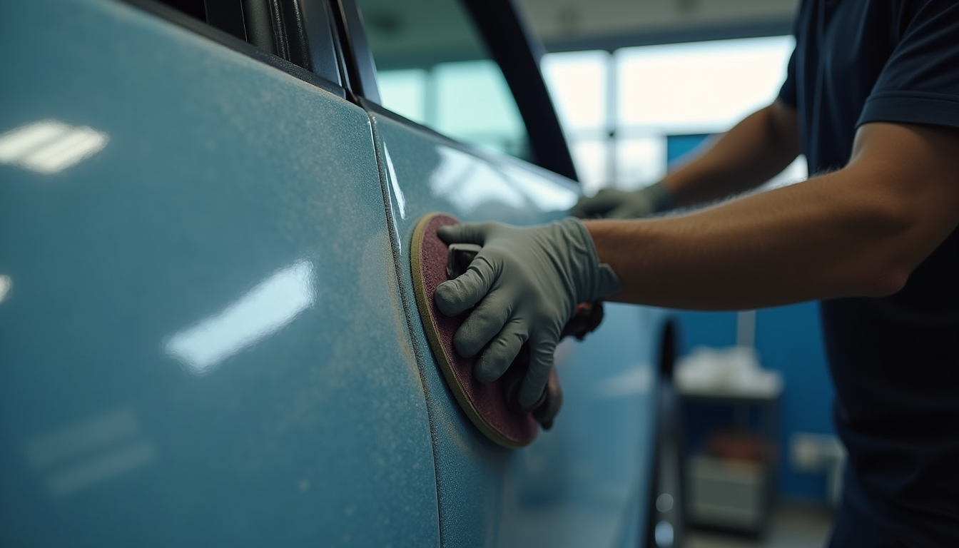 Close-up view of a technician sanding a car door in an auto body shop
