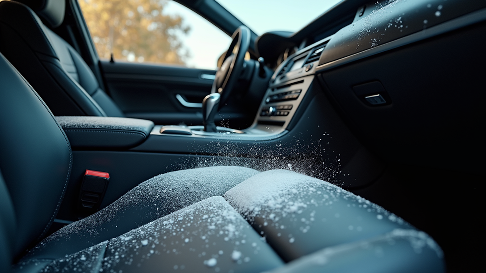 Eye-level view of a luxury car interior being dried and cleaned
