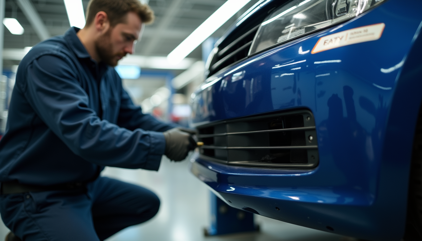Close-up view of a technician repairing a car bumper