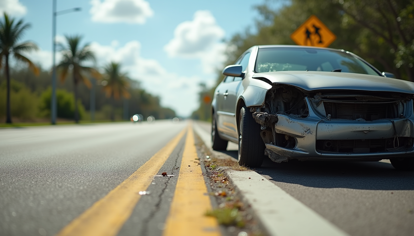 Eye-level view of a damaged car on the side of a South Florida road after an accident