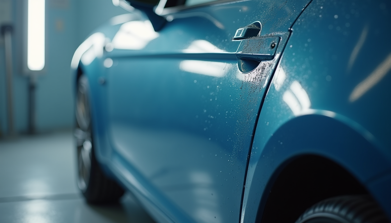Close-up view of a car door being painted in a professional auto body shop