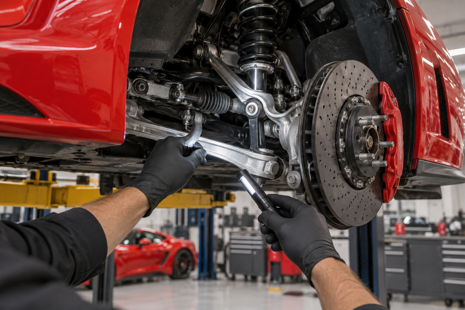 Technician inspecting control arms, damper, steering linkage, wheel hub, and suspension mounting points on a red exotic car