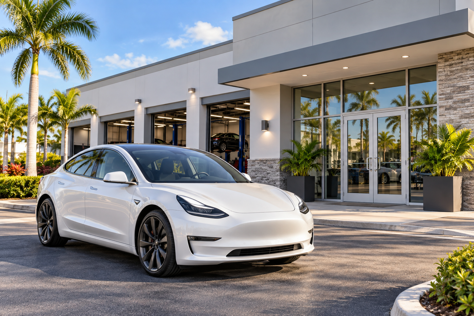 Illustration of a white electric sedan outside a South Florida collision repair facility