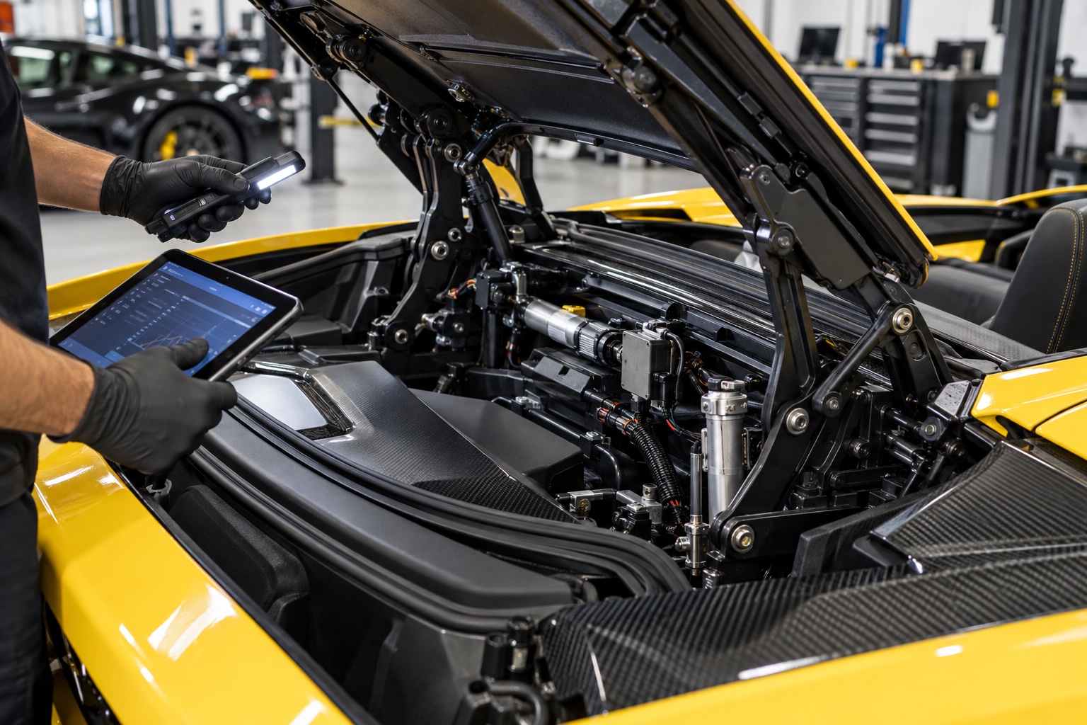 Diagnostic inspection of a Lamborghini convertible roof mechanism and sensors