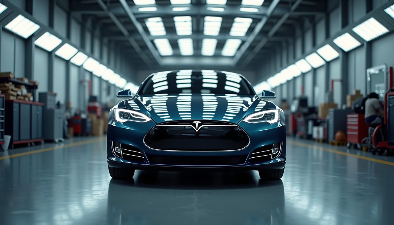 Eye-level view of a Tesla Model S in a repair shop bay