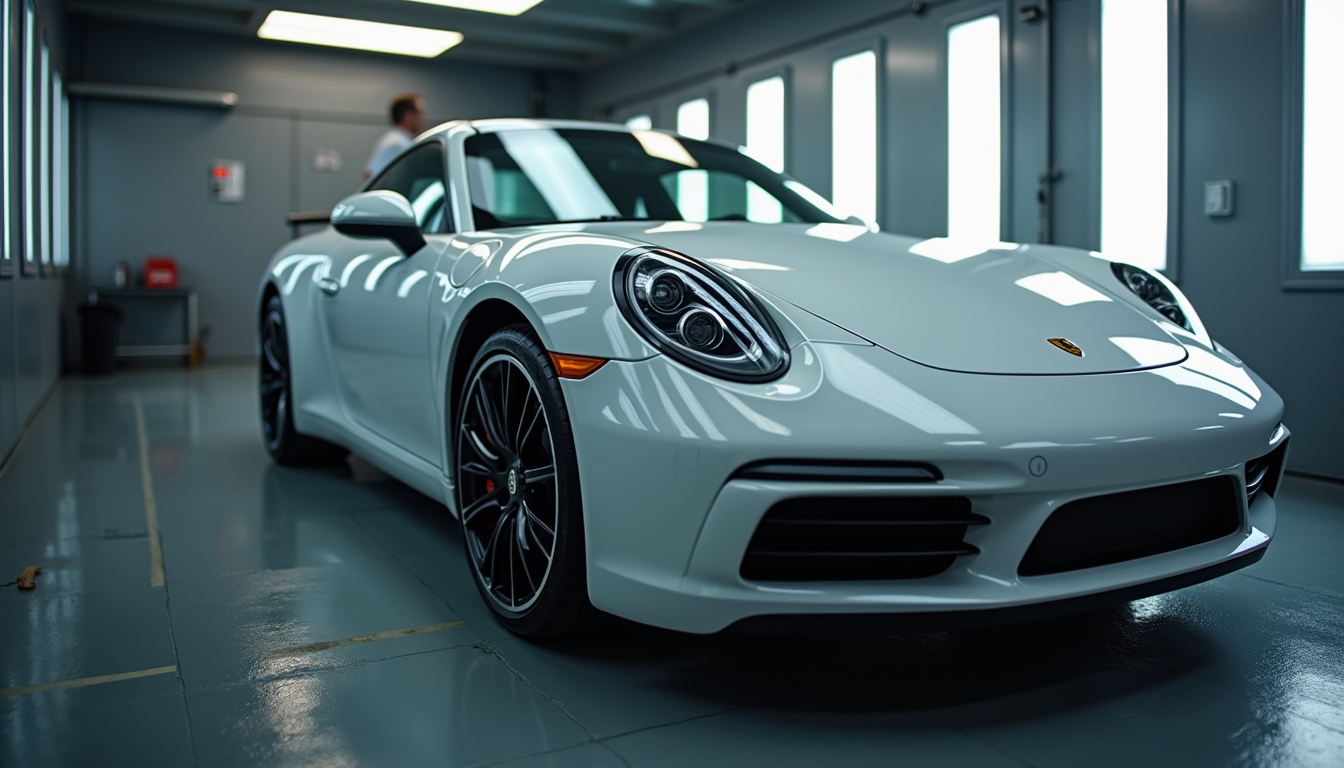 Eye-level view of a luxury car undergoing precise paint matching in a repair shop