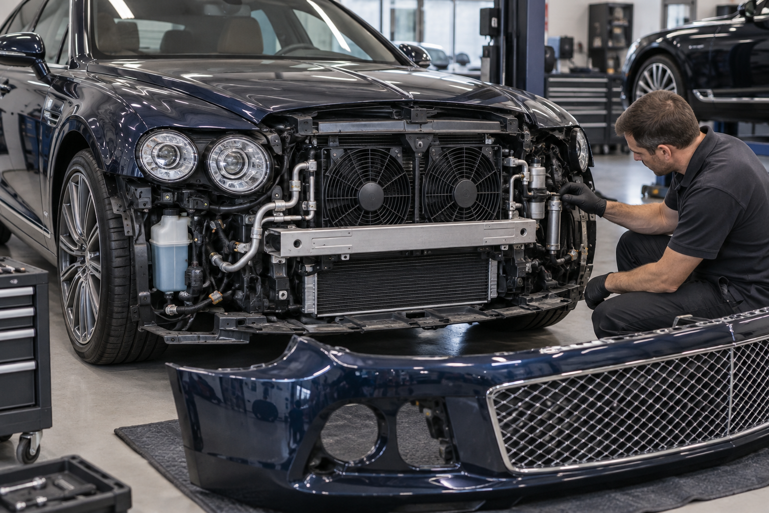 Illustrative inspection of front air-conditioning and cooling components on a Bentley-style luxury sedan