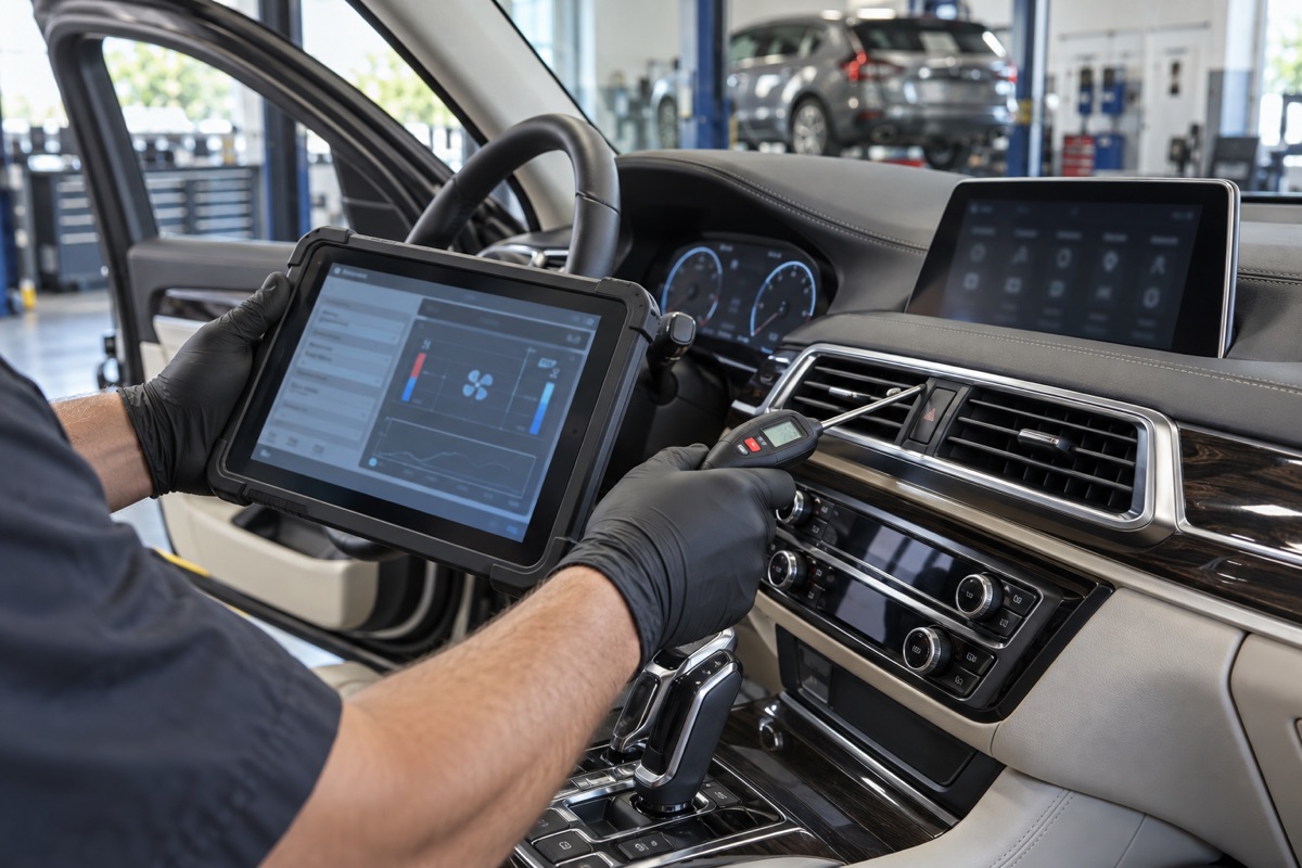 Technician checking the climate-control vents and diagnostic data in a luxury SUV