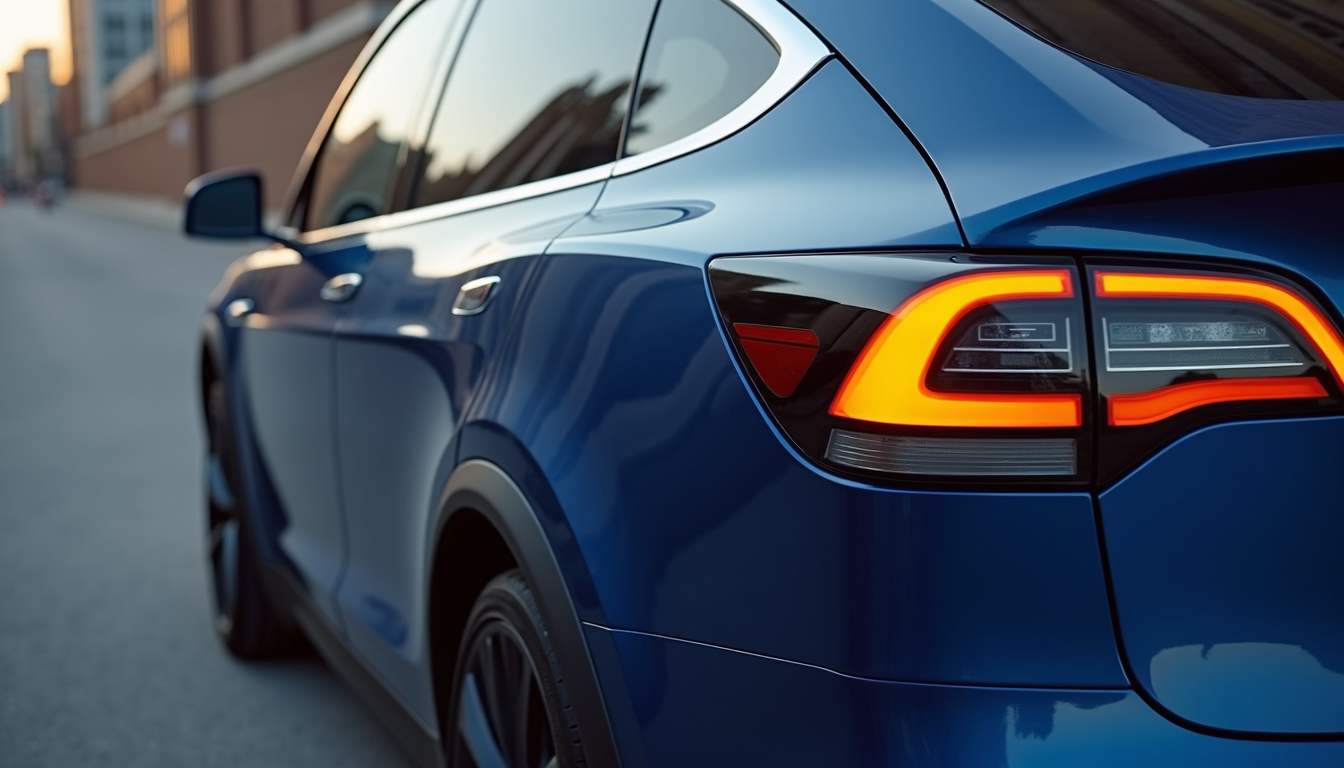 High angle view of a Tesla Model X rear quarter panel with fresh paint
